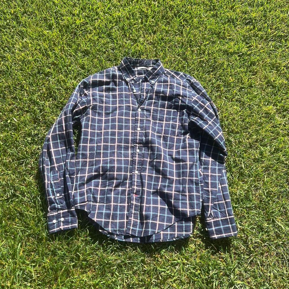 Gustin Button up plaid blue tee shirt moto y2k Men’s size L Large